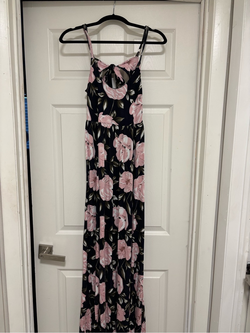 Black Maxi Dress with Pink Floral Print and Tie-Back